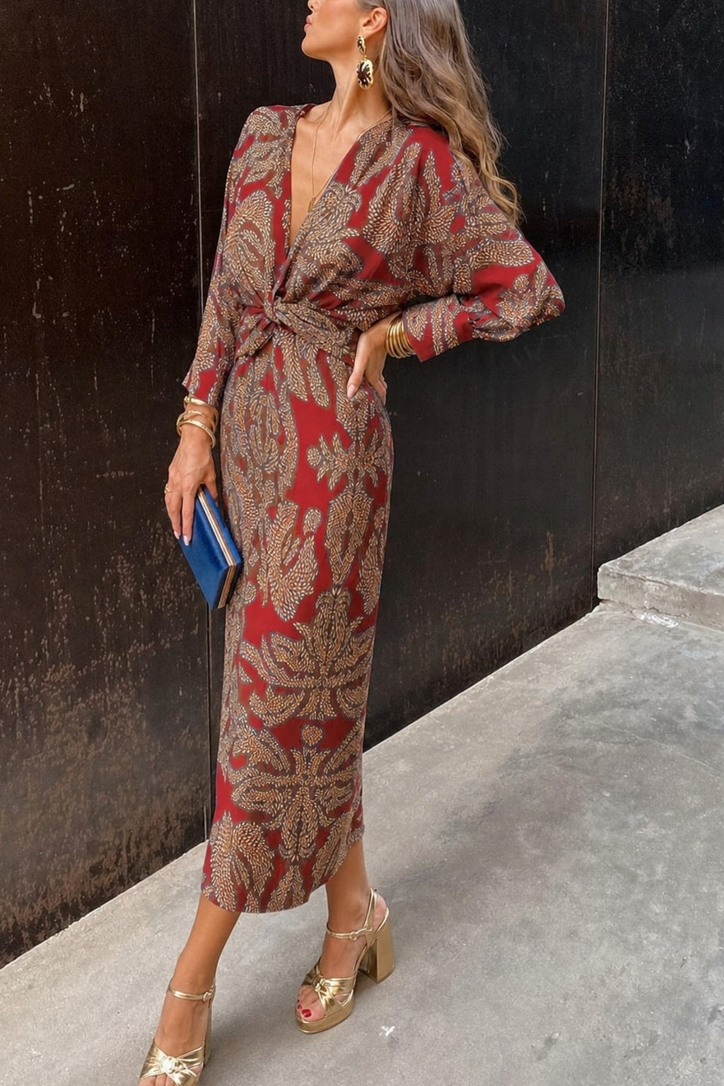 Printed Midi Dress with V-Neck and Tie Waist - 3
