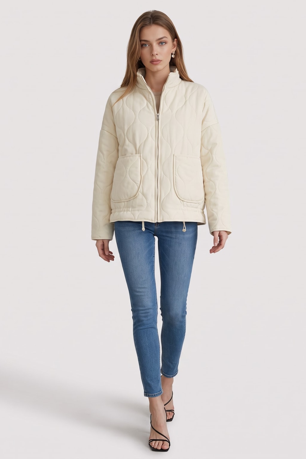 Quilted Zip-Up Jacket with Adjustable Waist - 2