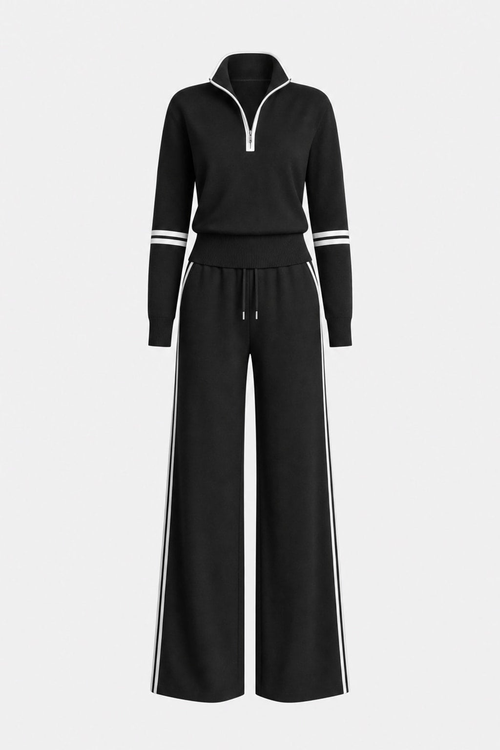 Cotton Blend Half-Zip Sweater and Wide-Leg Pants Set - 1