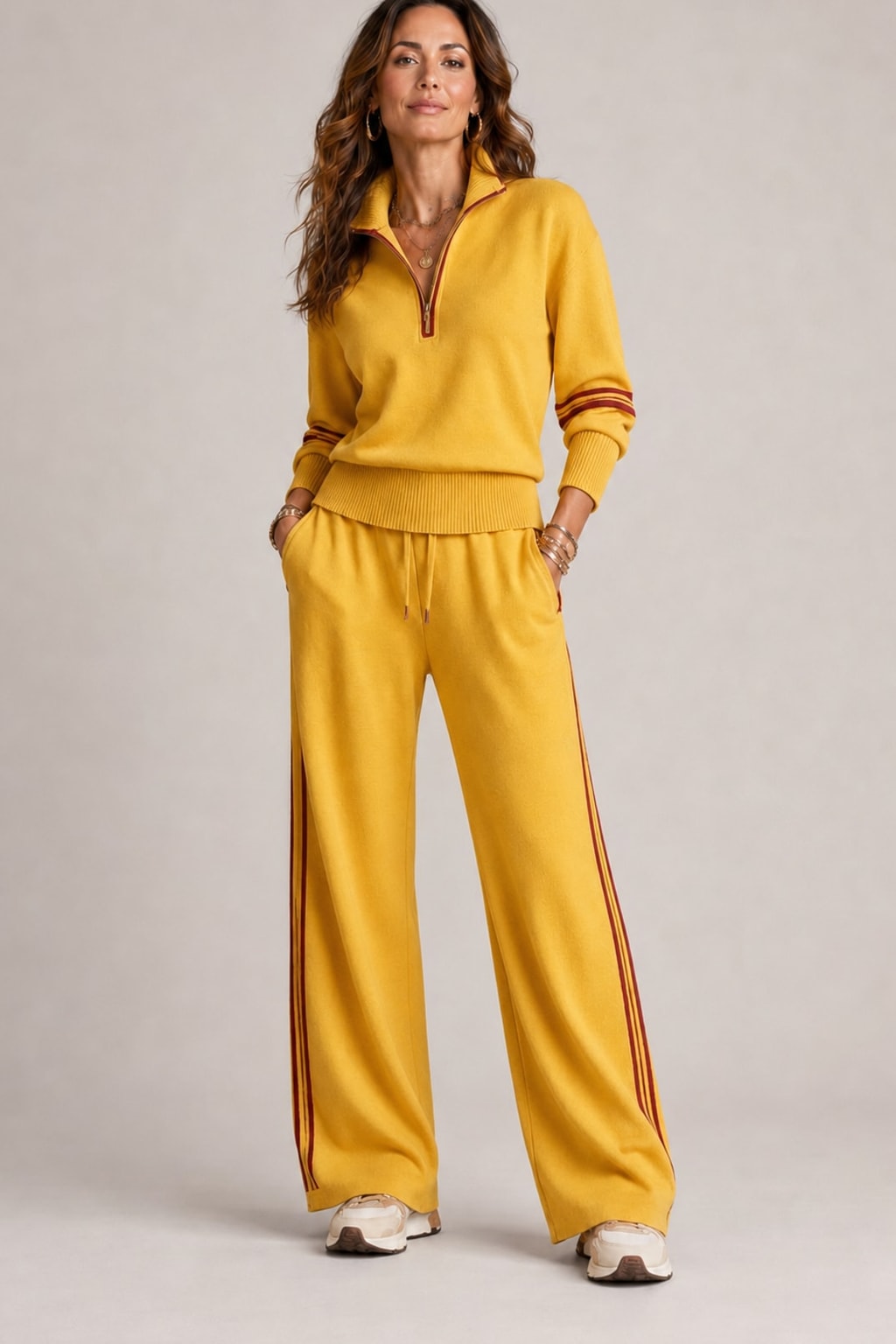 Cotton Blend Half-Zip Sweater and Wide-Leg Pants Set - 6
