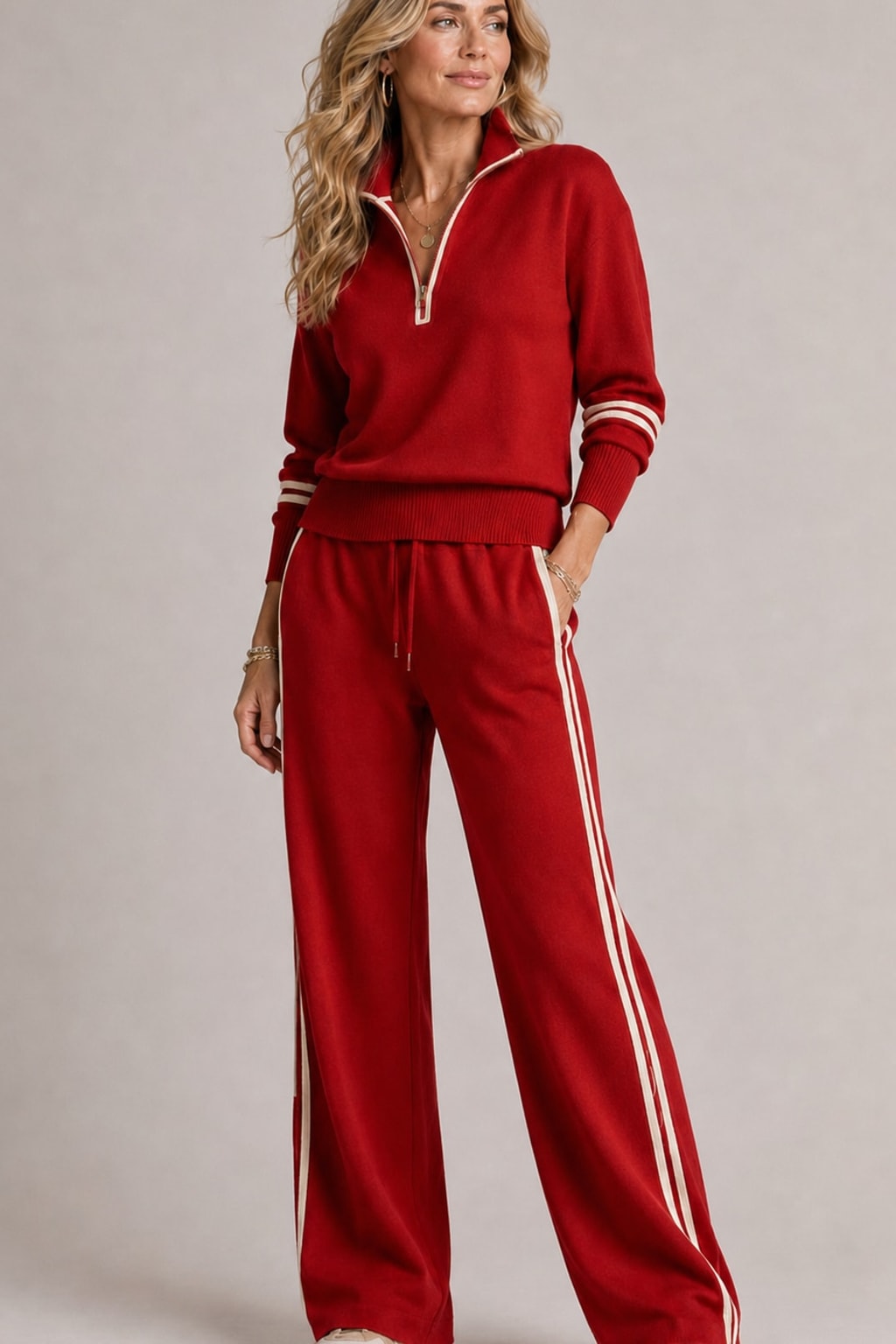 Cotton Blend Half-Zip Sweater and Wide-Leg Pants Set - 7