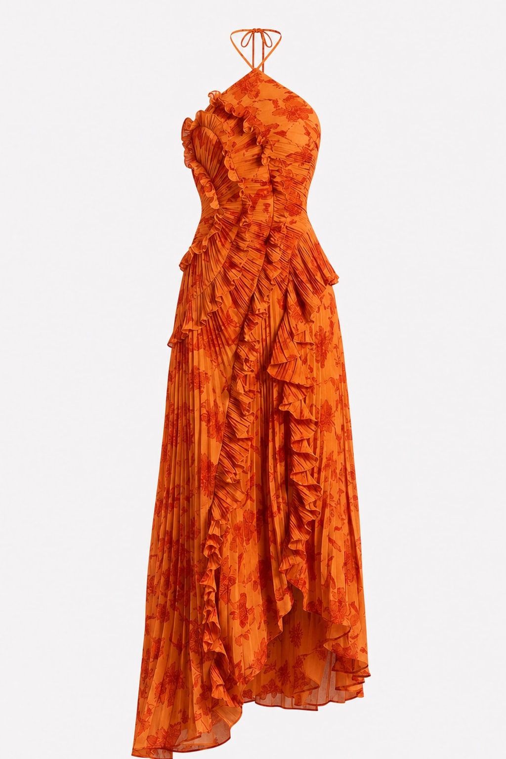 Polyester Maxi Dress With Pleated Halter Neckline - 1