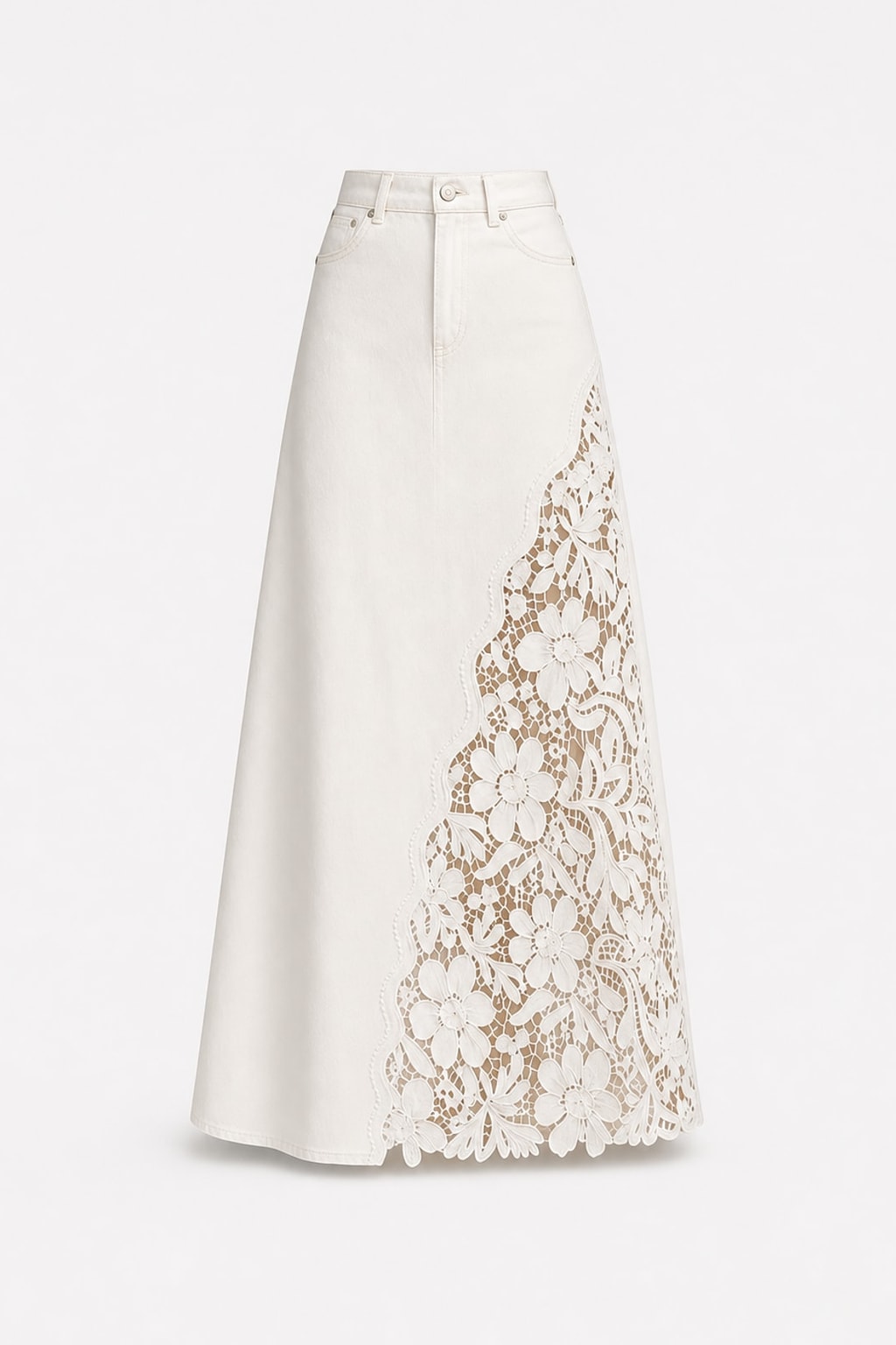 Lace-Panel Maxi Skirt With High-Waist Fit - 1