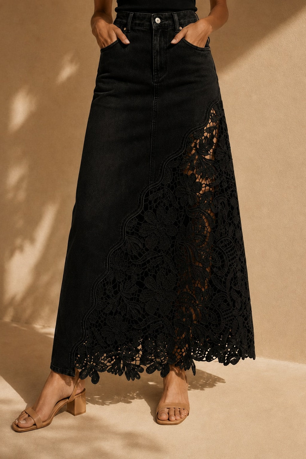 Lace-Panel Maxi Skirt With High-Waist Fit - 5