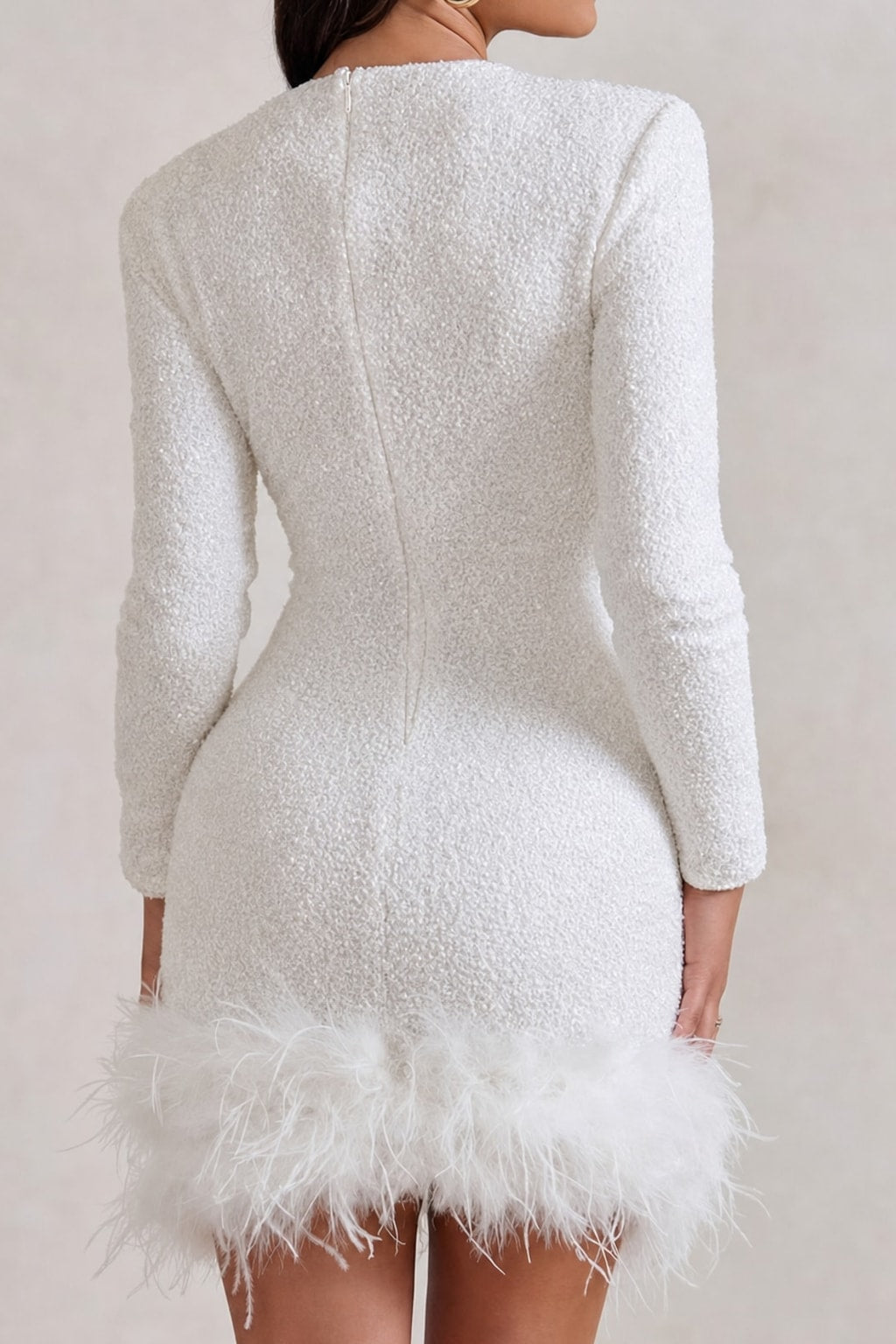 Sequin Long Sleeve Mini Dress with Feather Trim Hem - 7
