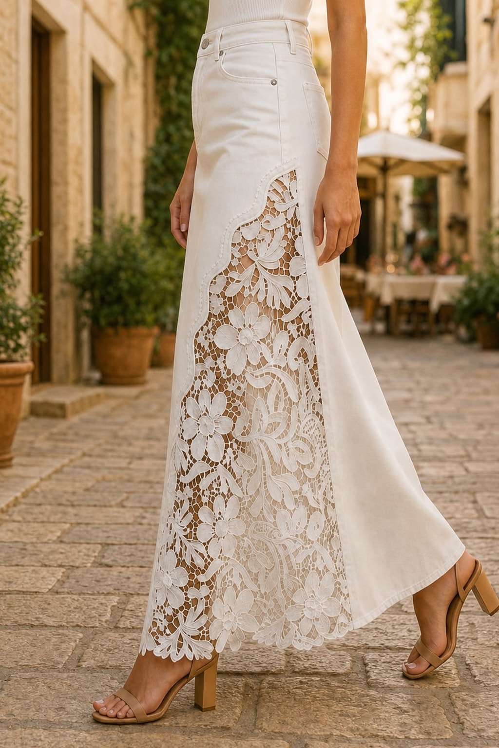Lace-Panel Maxi Skirt With High-Waist Fit - 3