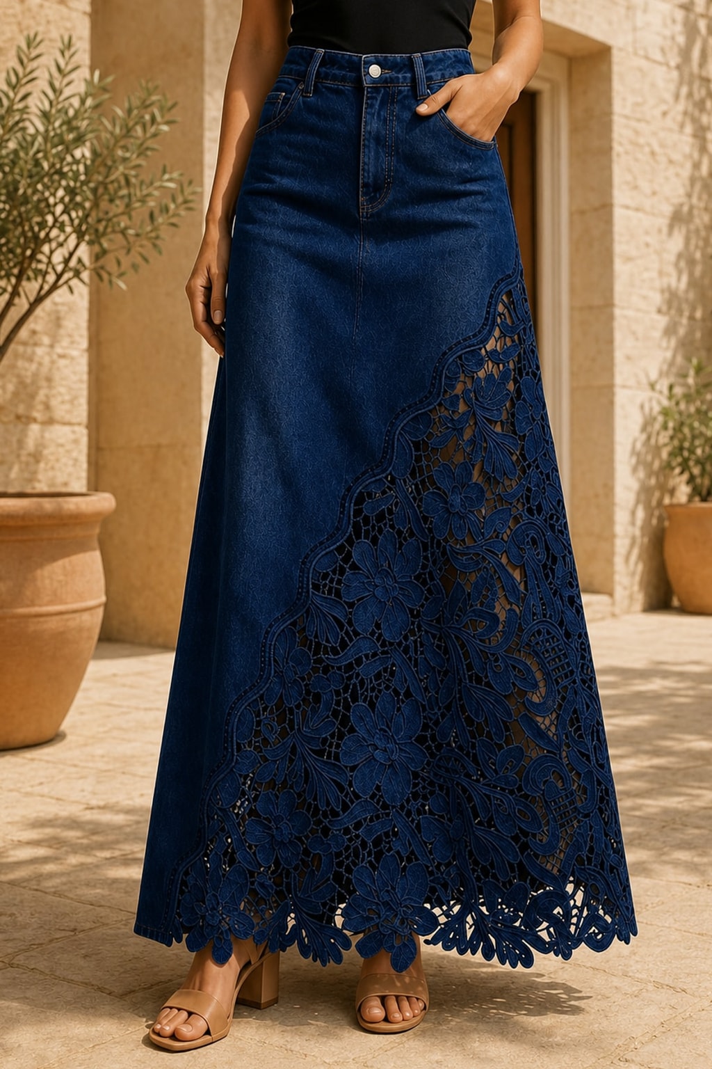 Lace-Panel Maxi Skirt With High-Waist Fit - 8