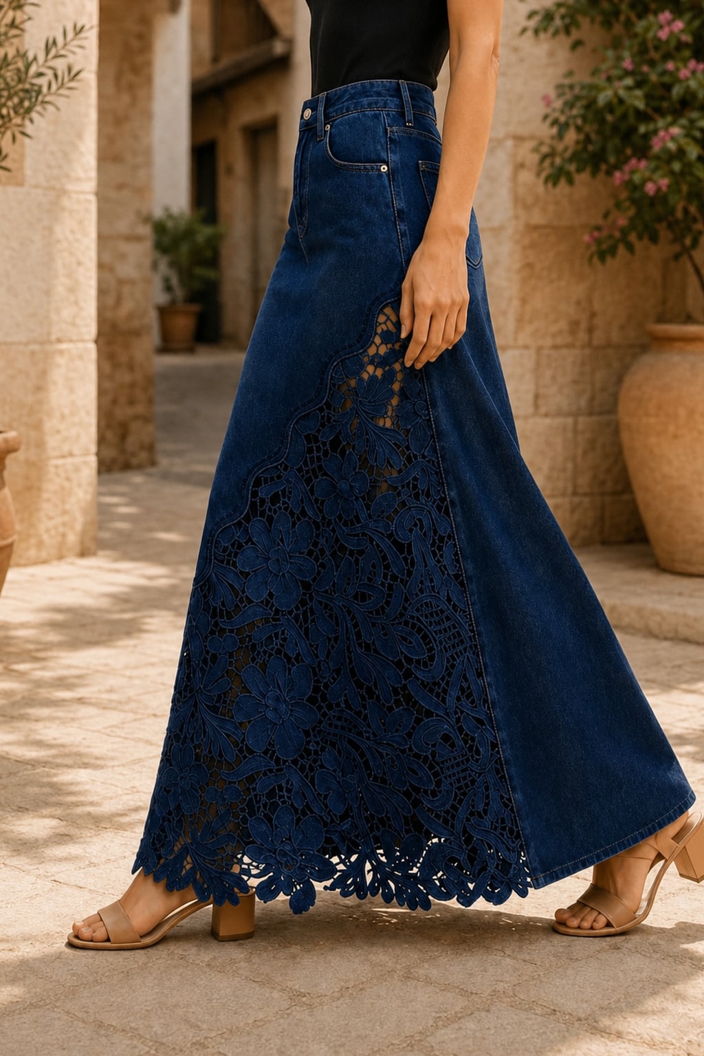 Lace-Panel Maxi Skirt With High-Waist Fit - 9