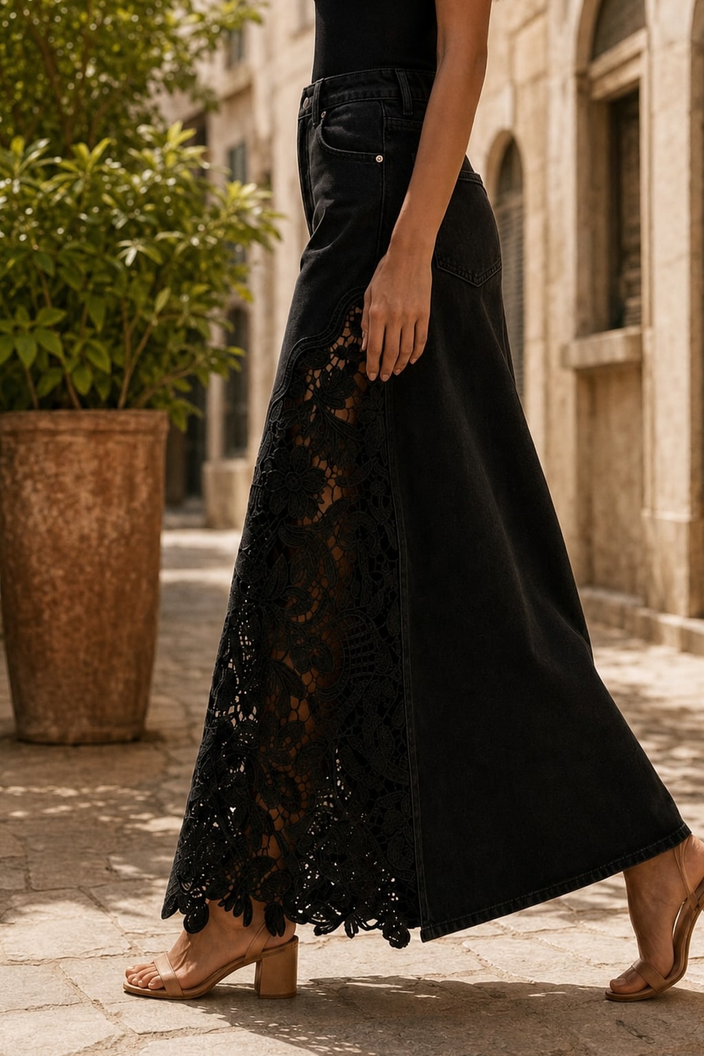 Lace-Panel Maxi Skirt With High-Waist Fit - 6