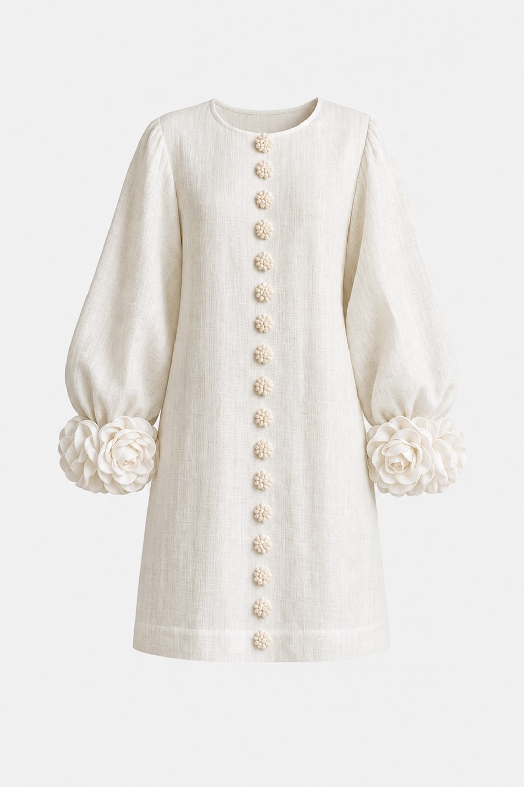Linen-Look Woven Trapeze Dress With Tie Cuffs - 1