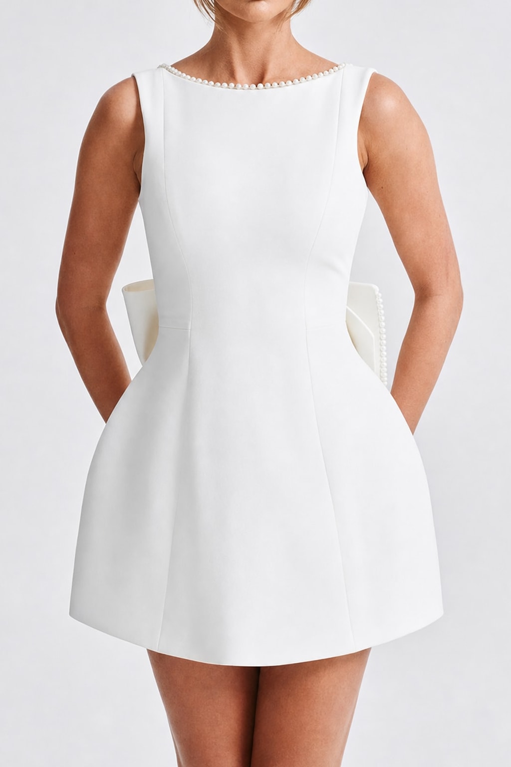 Stylish Slim-Fit Mini Dress With Pearl Bow Detail - 4