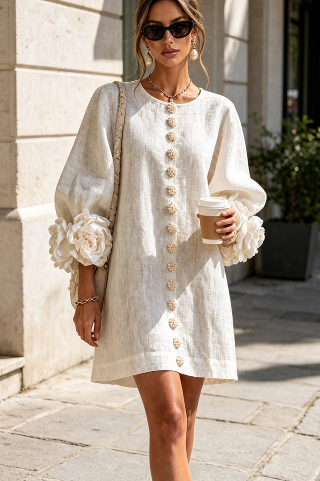 Linen-Look Woven Trapeze Dress With Tie Cuffs - 2