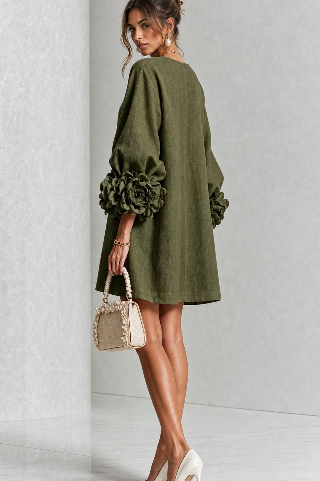 Linen-Look Woven Trapeze Dress With Tie Cuffs - 5