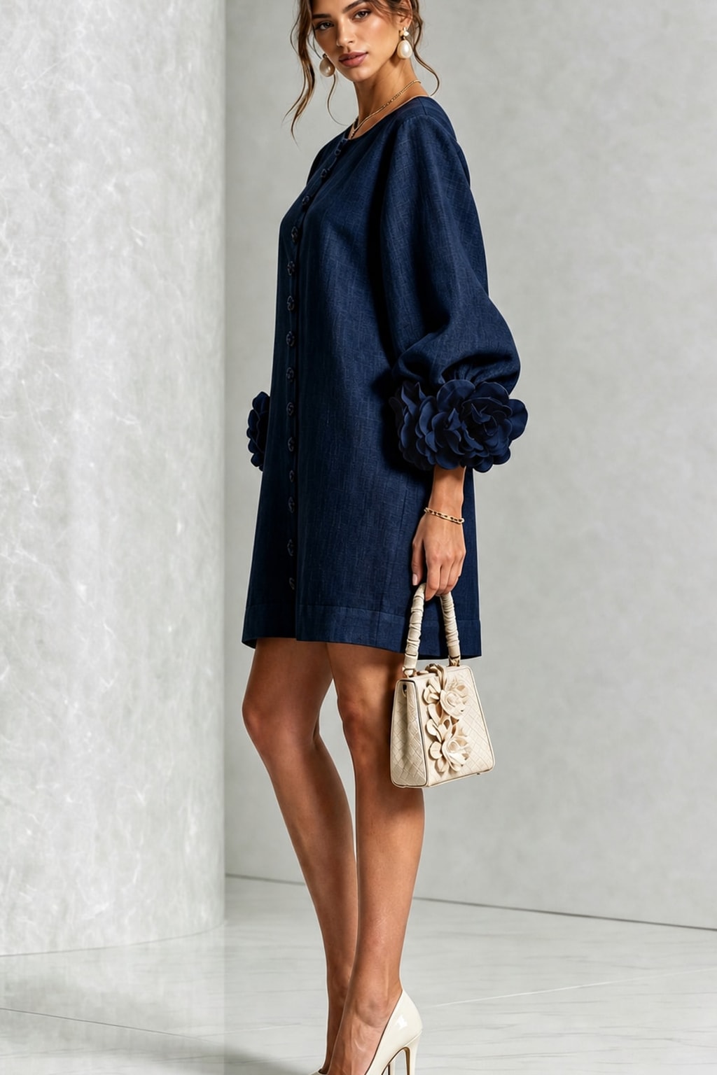 Linen-Look Woven Trapeze Dress With Tie Cuffs - 6
