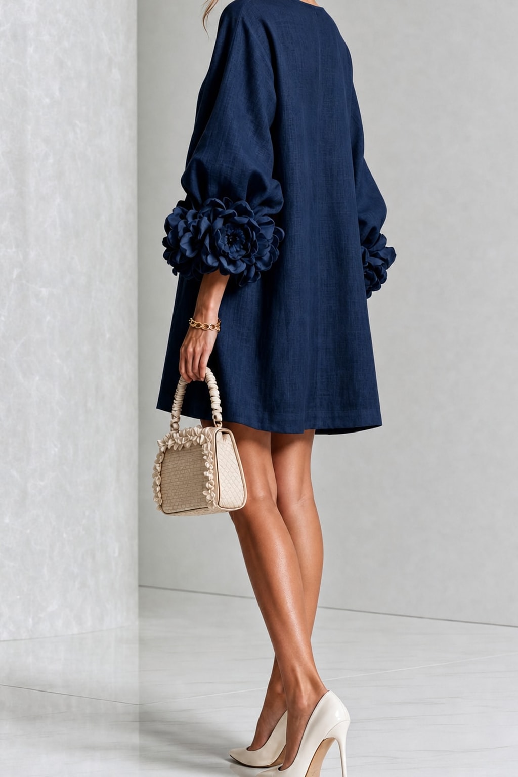 Linen-Look Woven Trapeze Dress With Tie Cuffs - 7