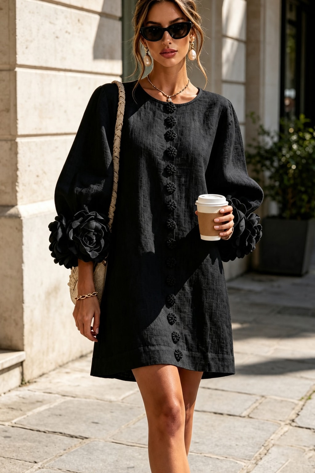 Linen-Look Woven Trapeze Dress With Tie Cuffs - 8