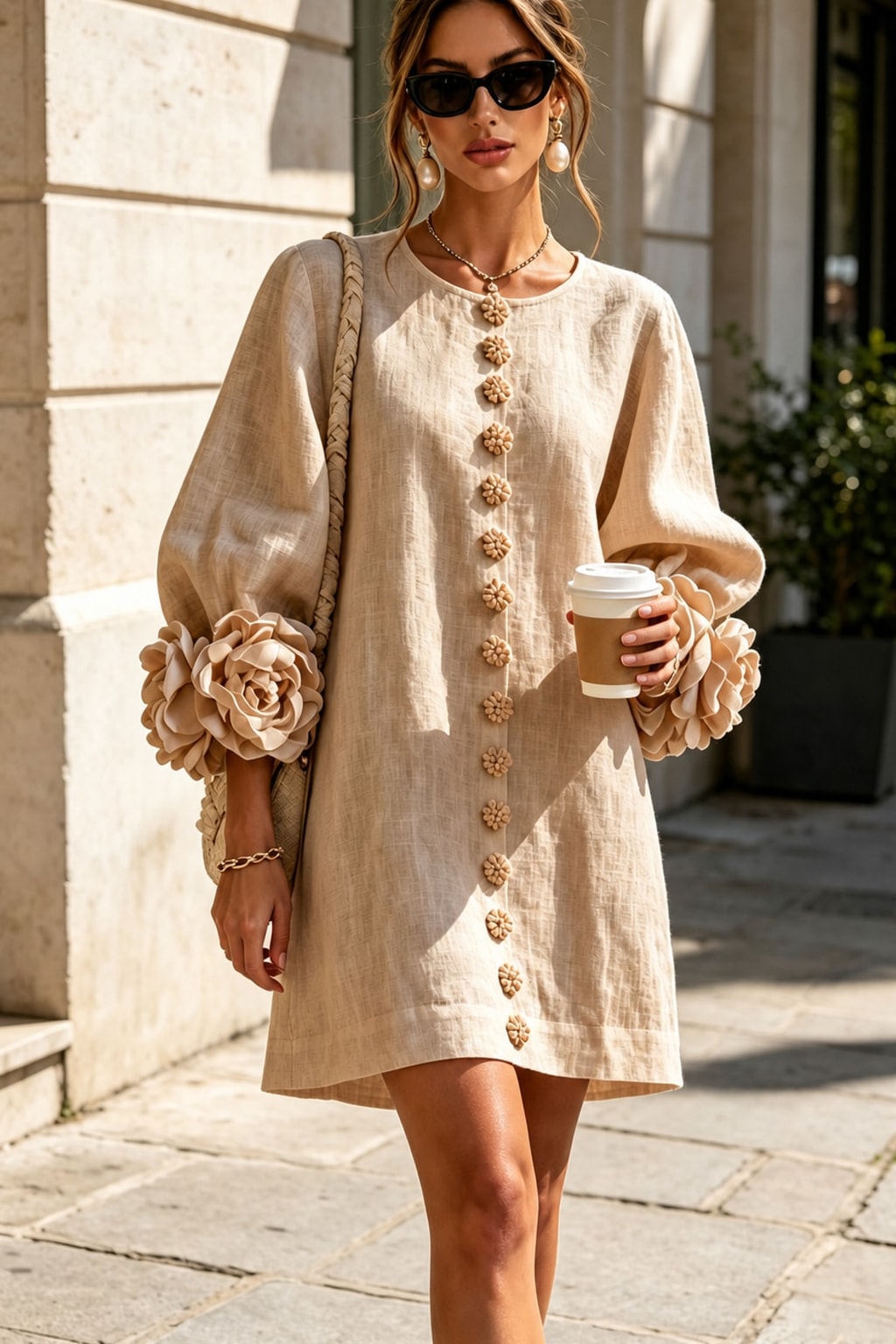 Linen-Look Woven Trapeze Dress With Tie Cuffs - 10