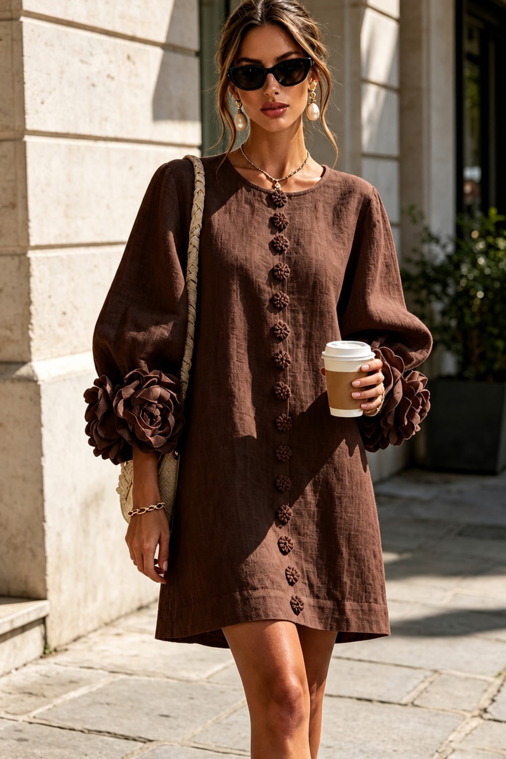 Linen-Look Woven Trapeze Dress With Tie Cuffs - 11