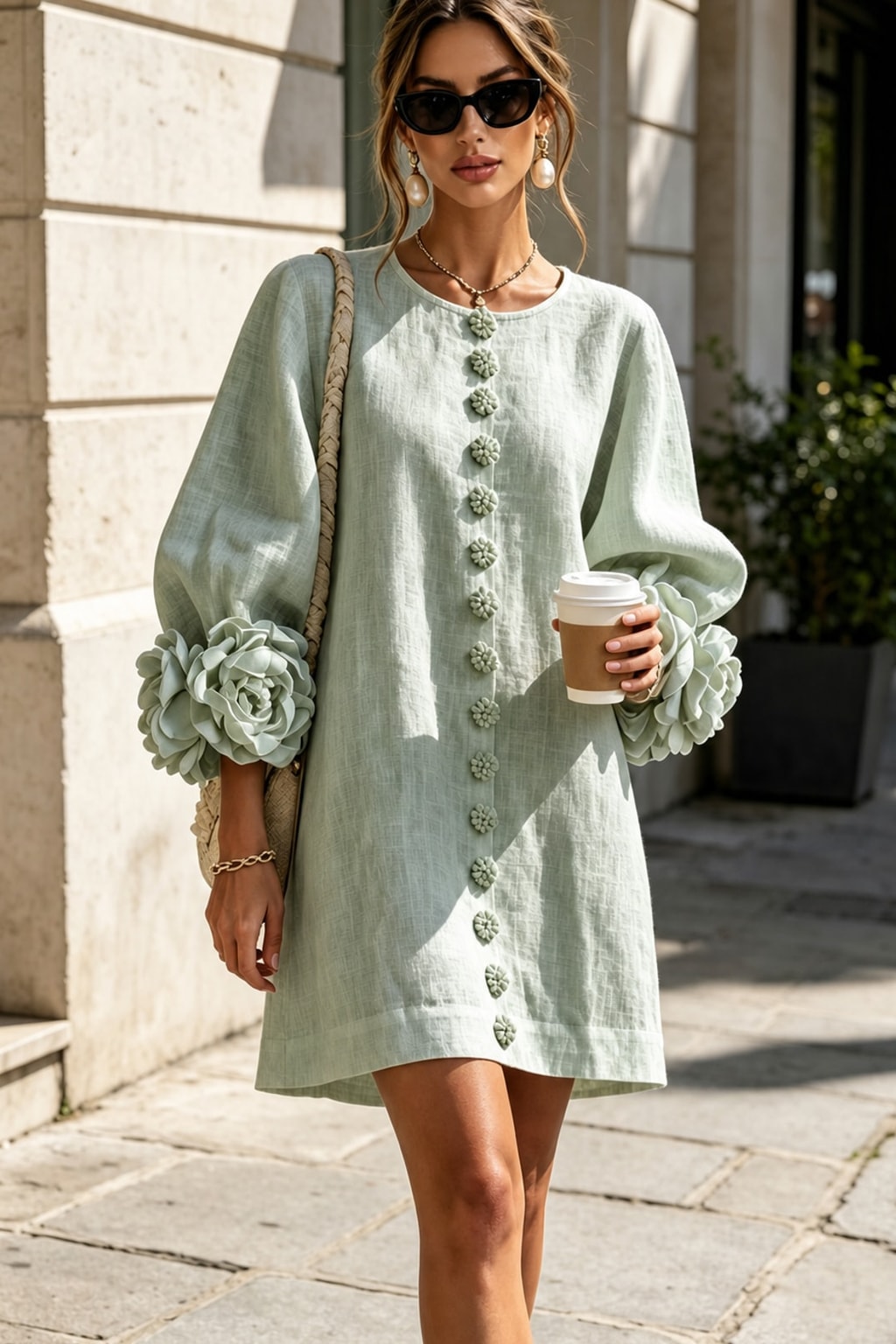 Linen-Look Woven Trapeze Dress With Tie Cuffs - 12