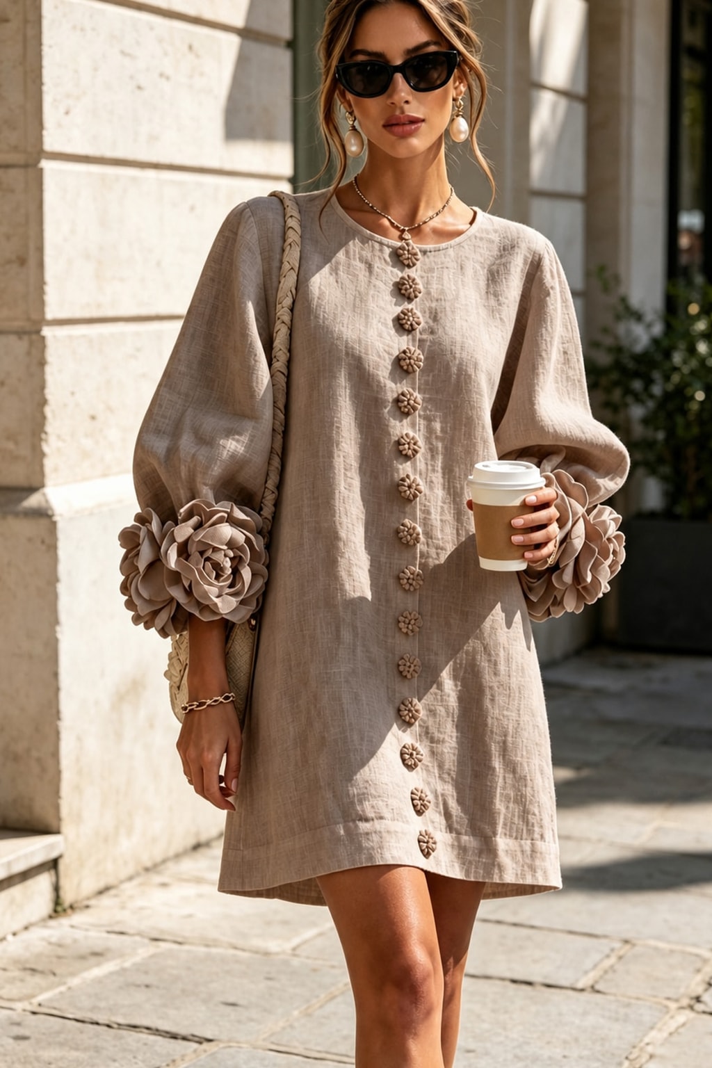 Linen-Look Woven Trapeze Dress With Tie Cuffs - 14