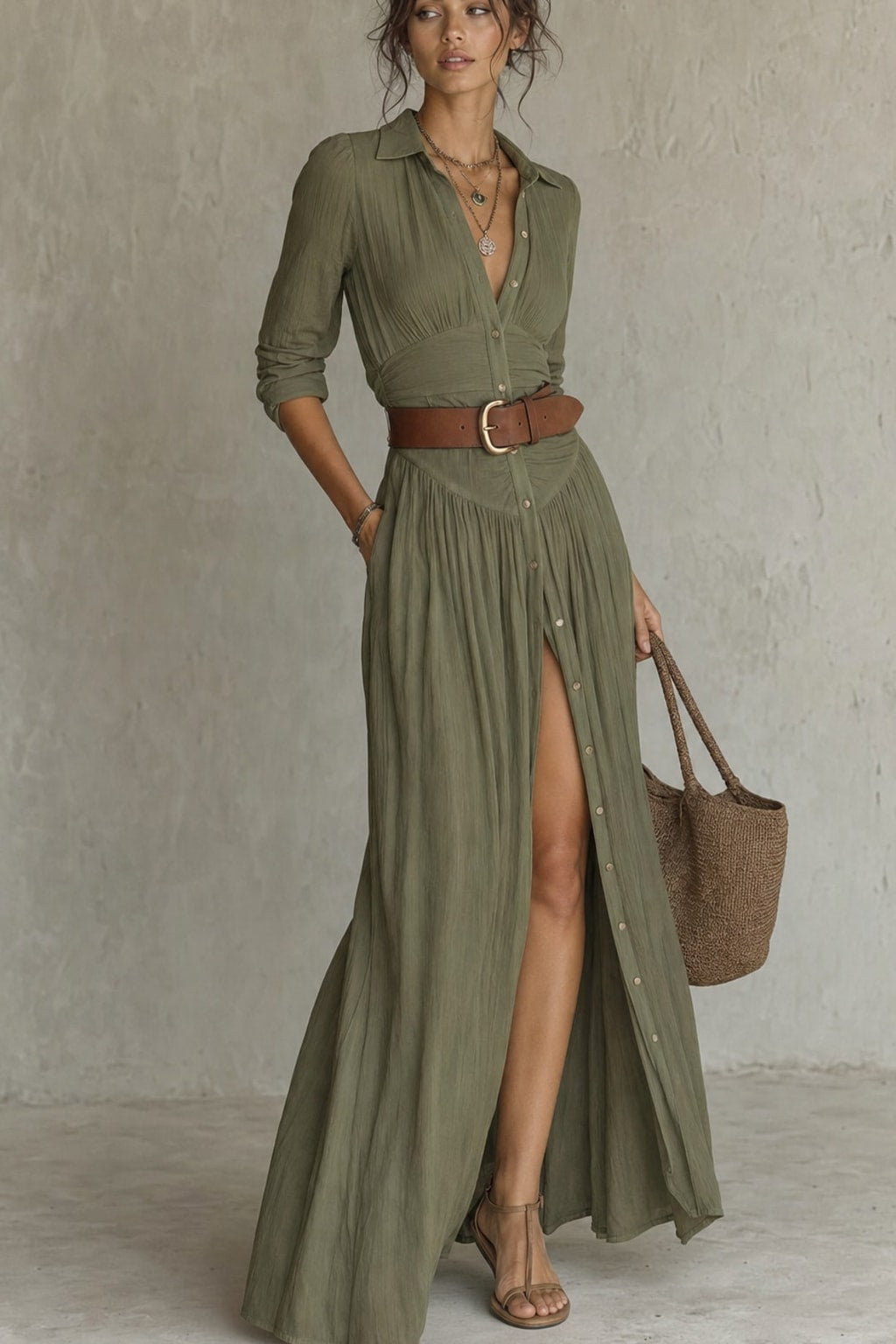 Flowy Pleated Maxi Dress With Long Sleeves - 7