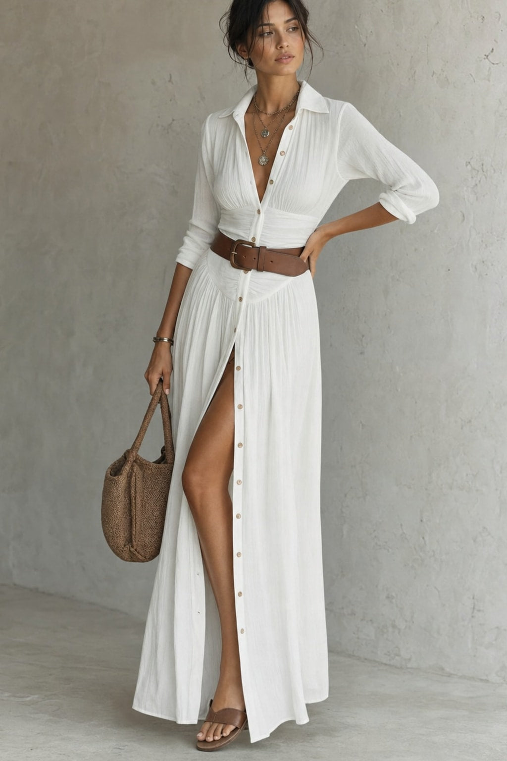 Flowy Pleated Maxi Dress With Long Sleeves - 2