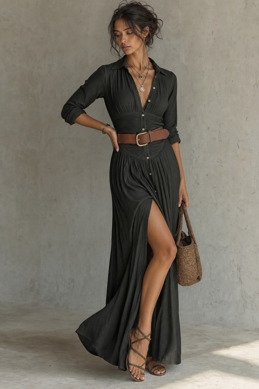 Flowy Pleated Maxi Dress With Long Sleeves - 8
