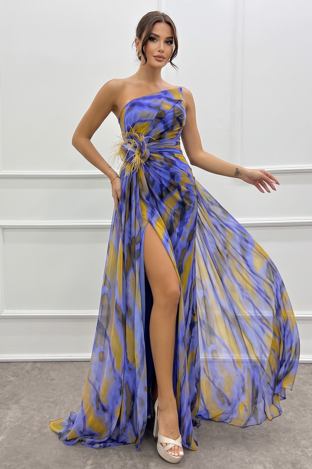 Chiffon Off Shoulder Pleated Maxi Dress - 3