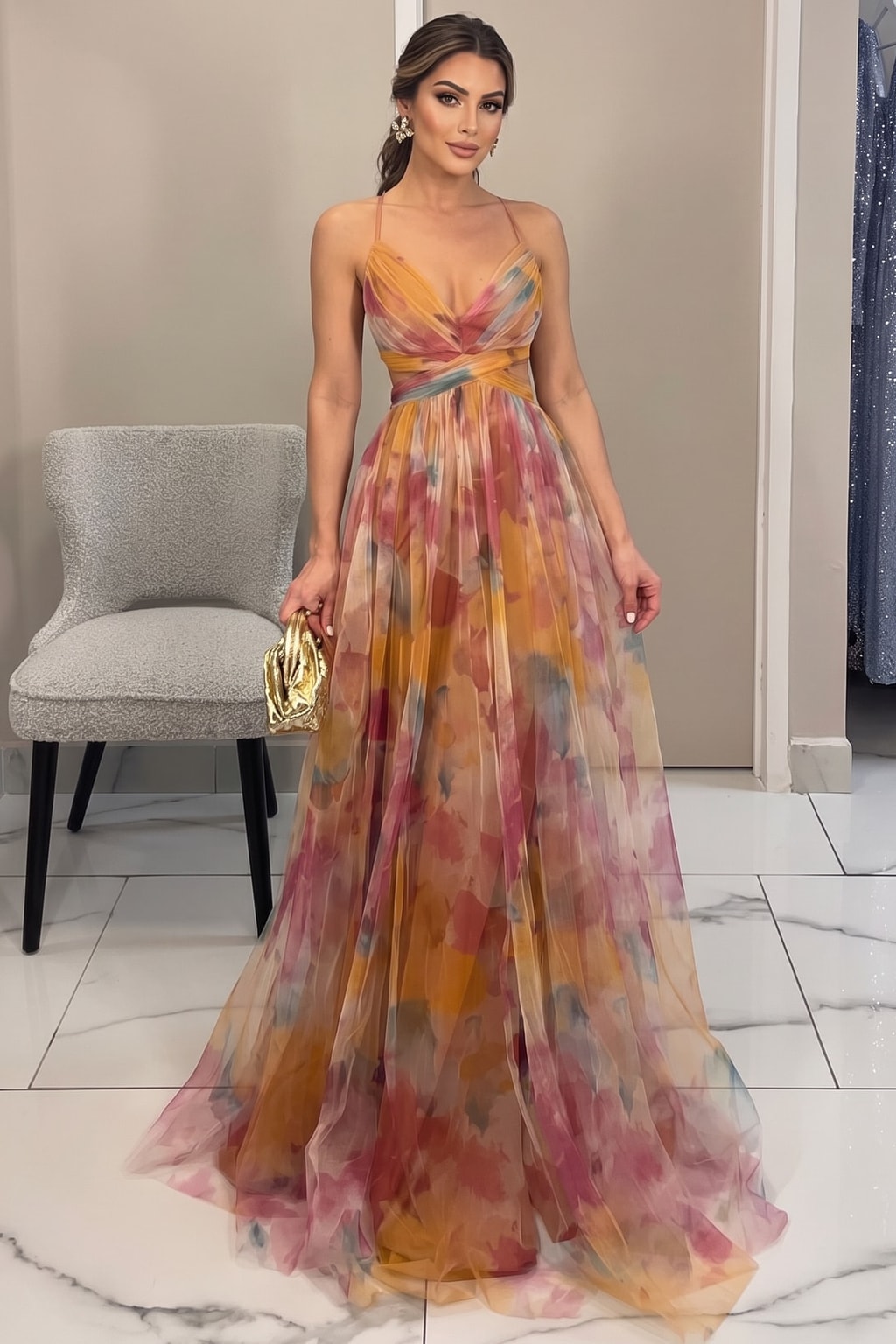Tulle Floral Print Cutout-Waist Maxi Dress - 2