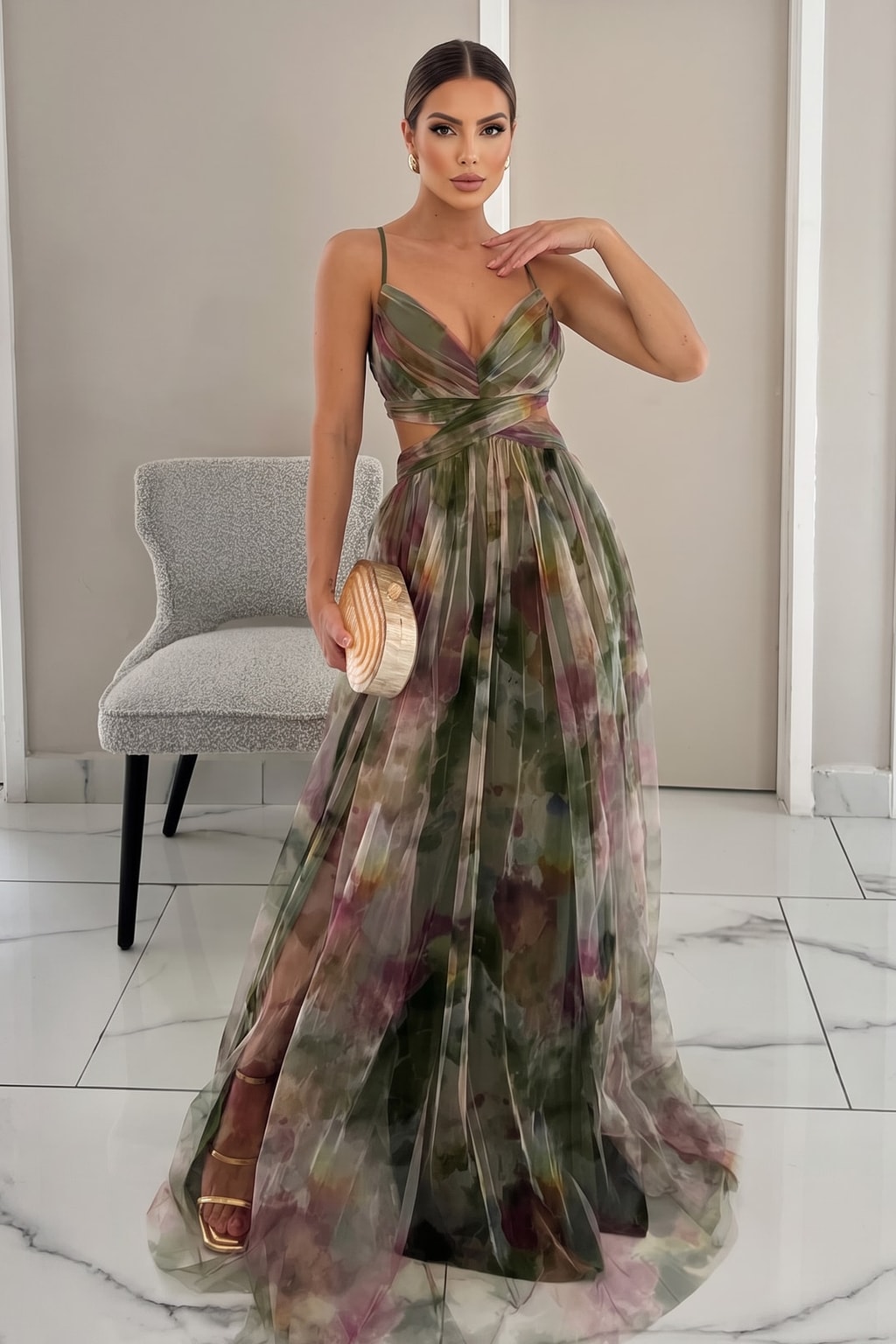 Tulle Floral Print Cutout-Waist Maxi Dress - 5