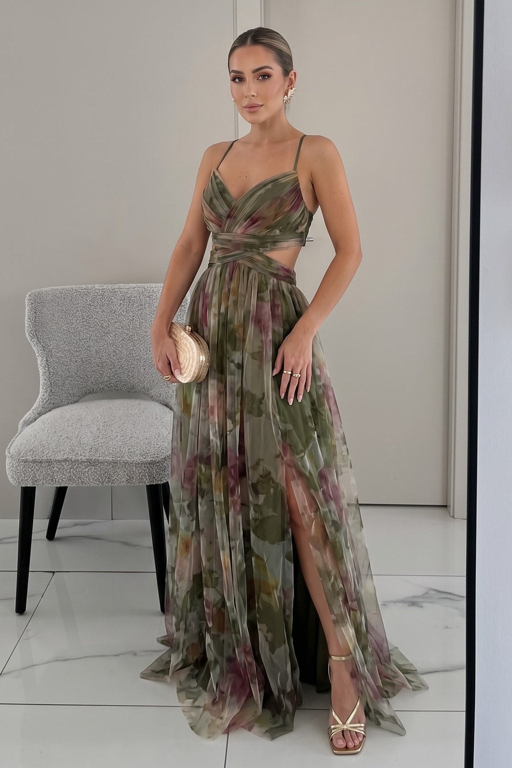 Tulle Floral Print Cutout-Waist Maxi Dress - 6