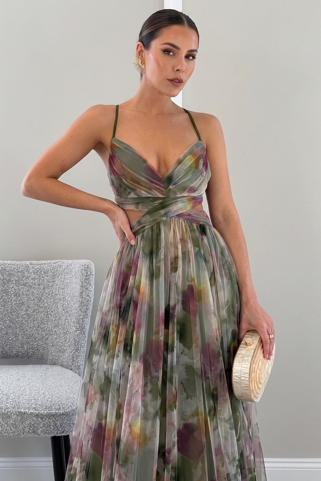 Tulle Floral Print Cutout-Waist Maxi Dress - 7