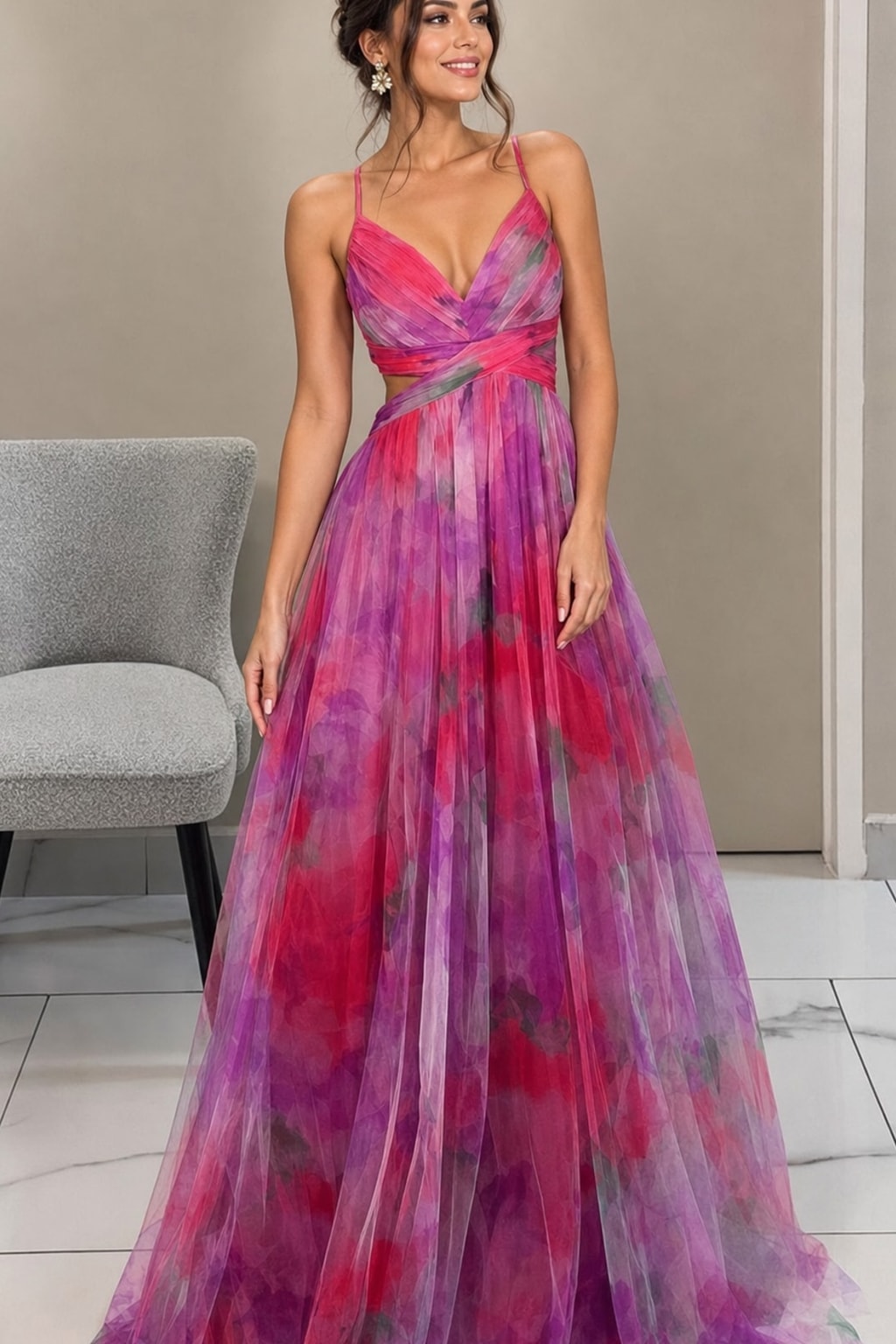 Tulle Floral Print Cutout-Waist Maxi Dress - 3