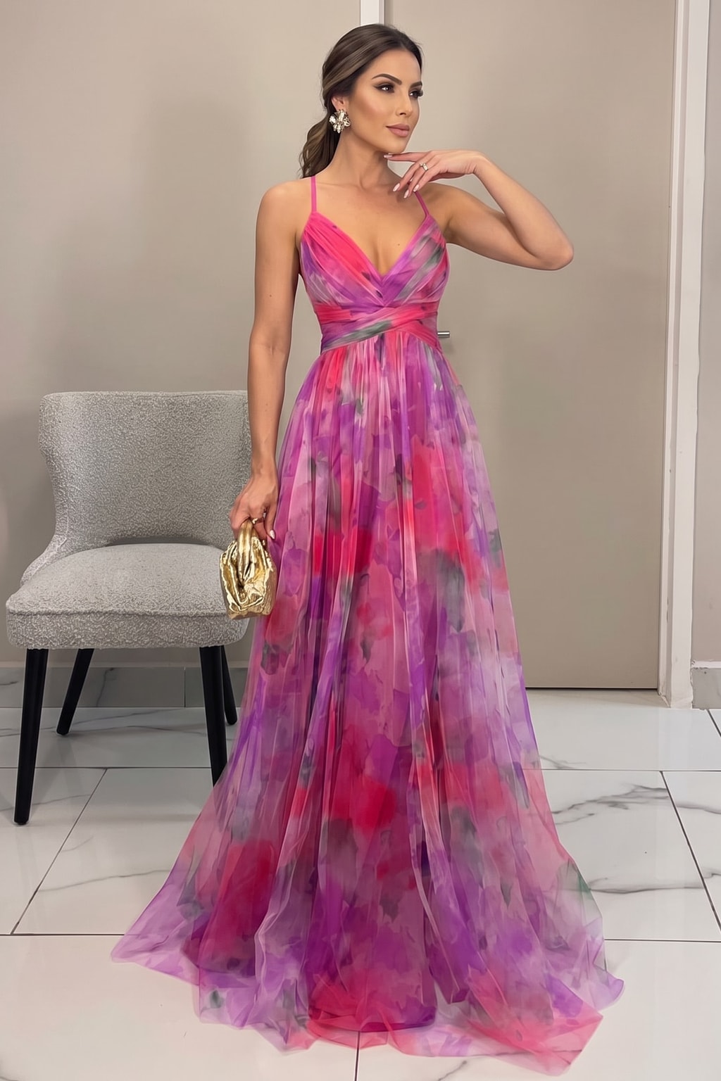 Tulle Floral Print Cutout-Waist Maxi Dress - 4