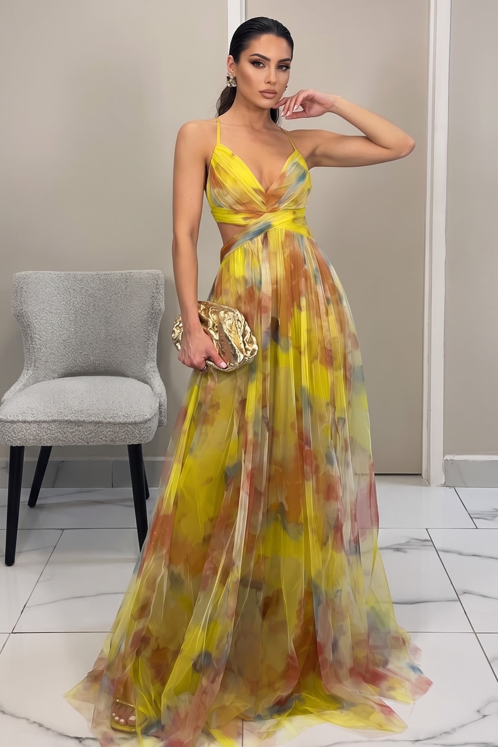 Tulle Floral Print Cutout-Waist Maxi Dress - 8