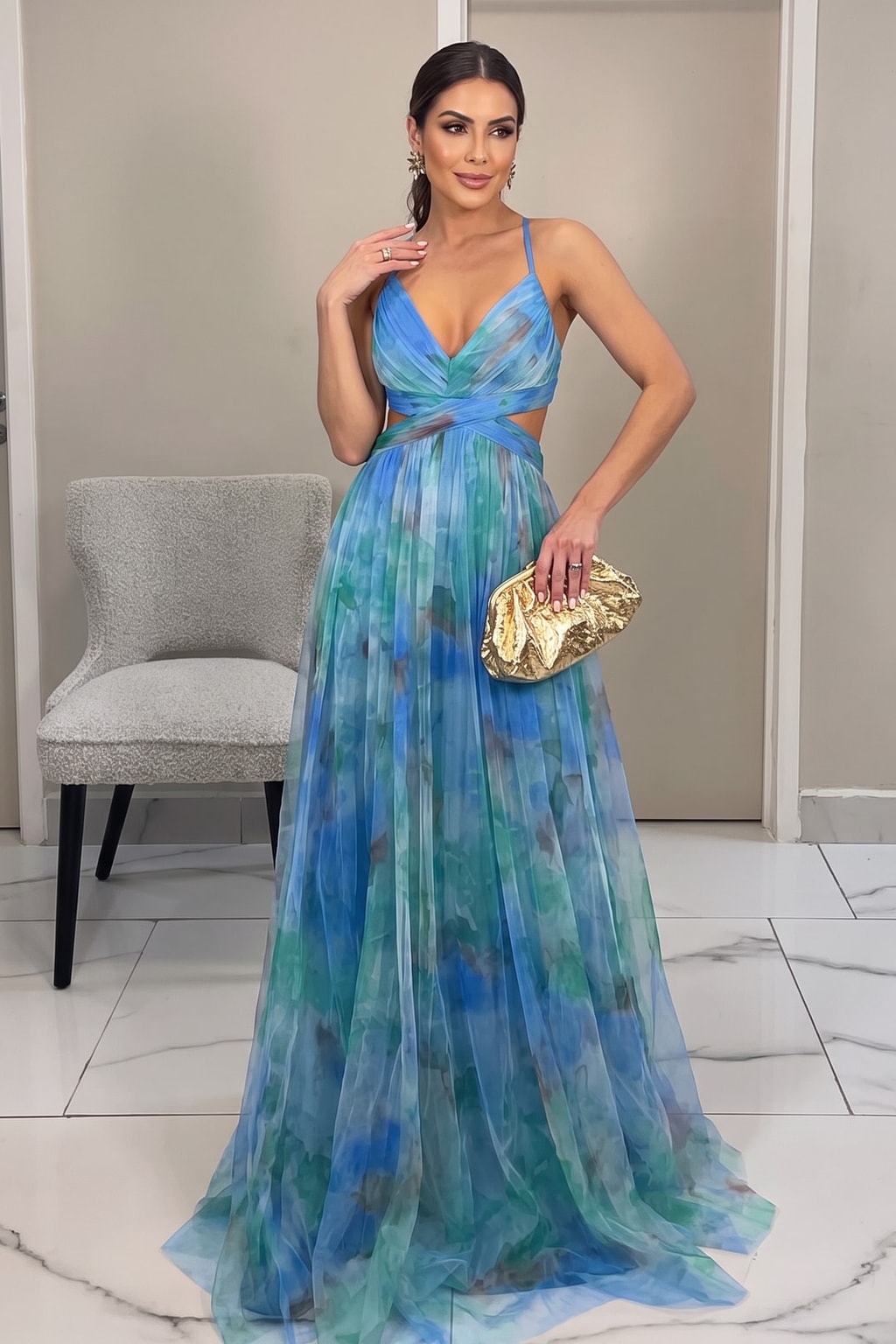Tulle Floral Print Cutout-Waist Maxi Dress - 9
