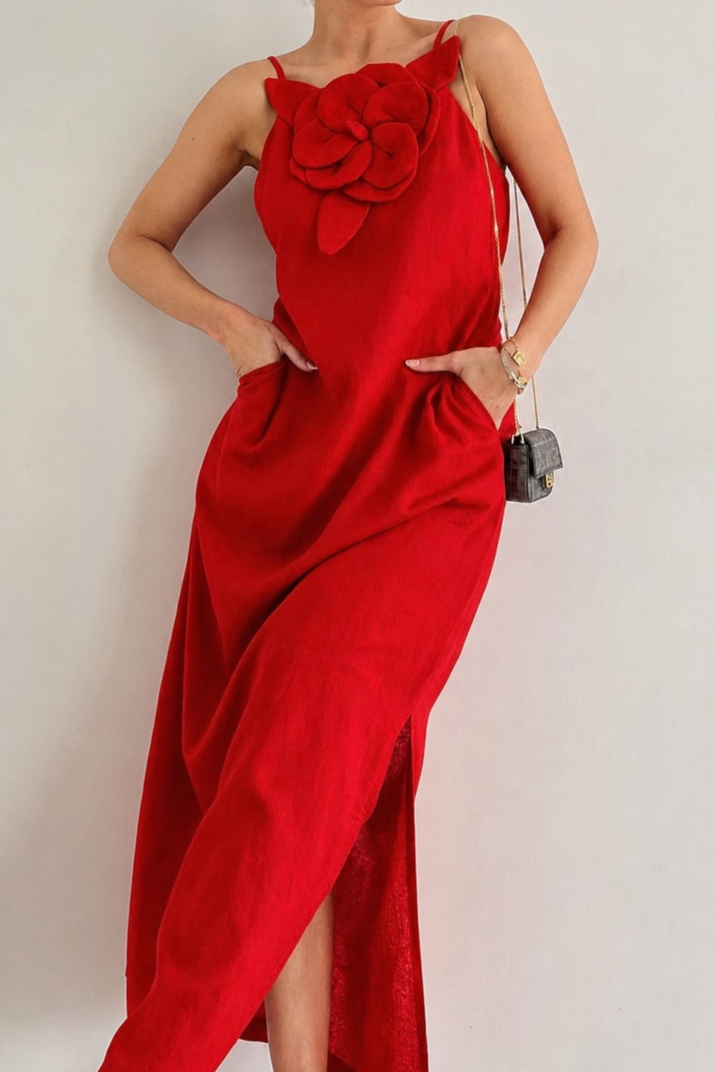 Linen Blend Square Neck Maxi Dress With Side Slit - 6