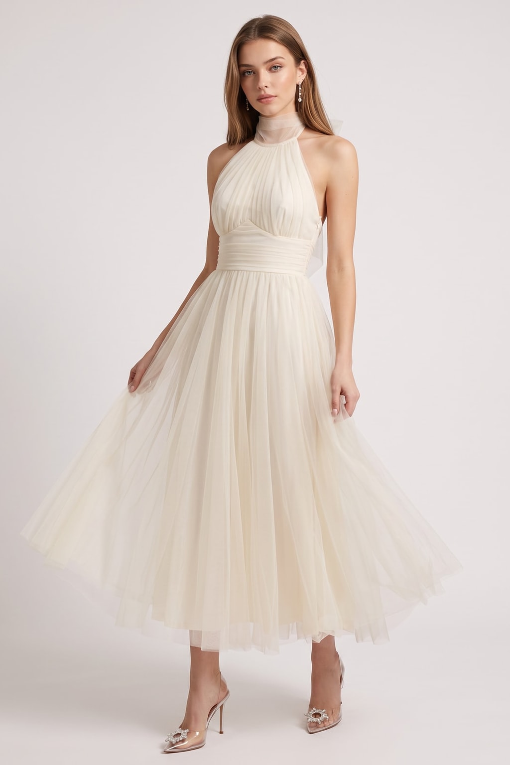 Tulle Halter Maxi Dress With Gathered Detail - 2