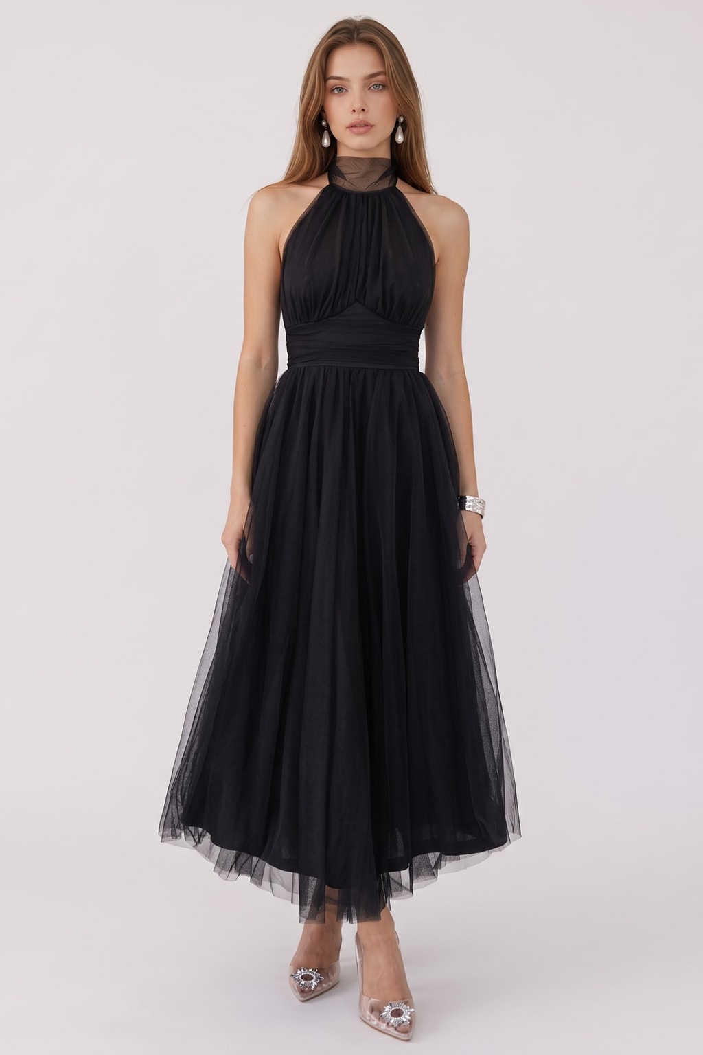 Tulle Halter Maxi Dress With Gathered Detail - 3
