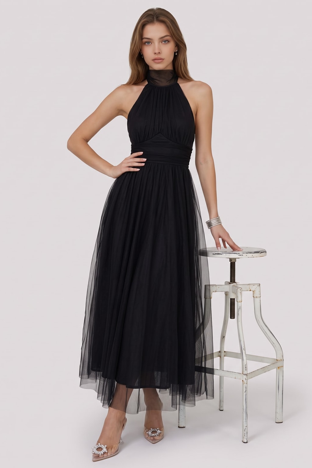 Tulle Halter Maxi Dress With Gathered Detail - 4