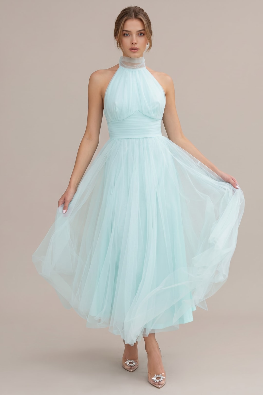 Tulle Halter Maxi Dress With Gathered Detail - 5