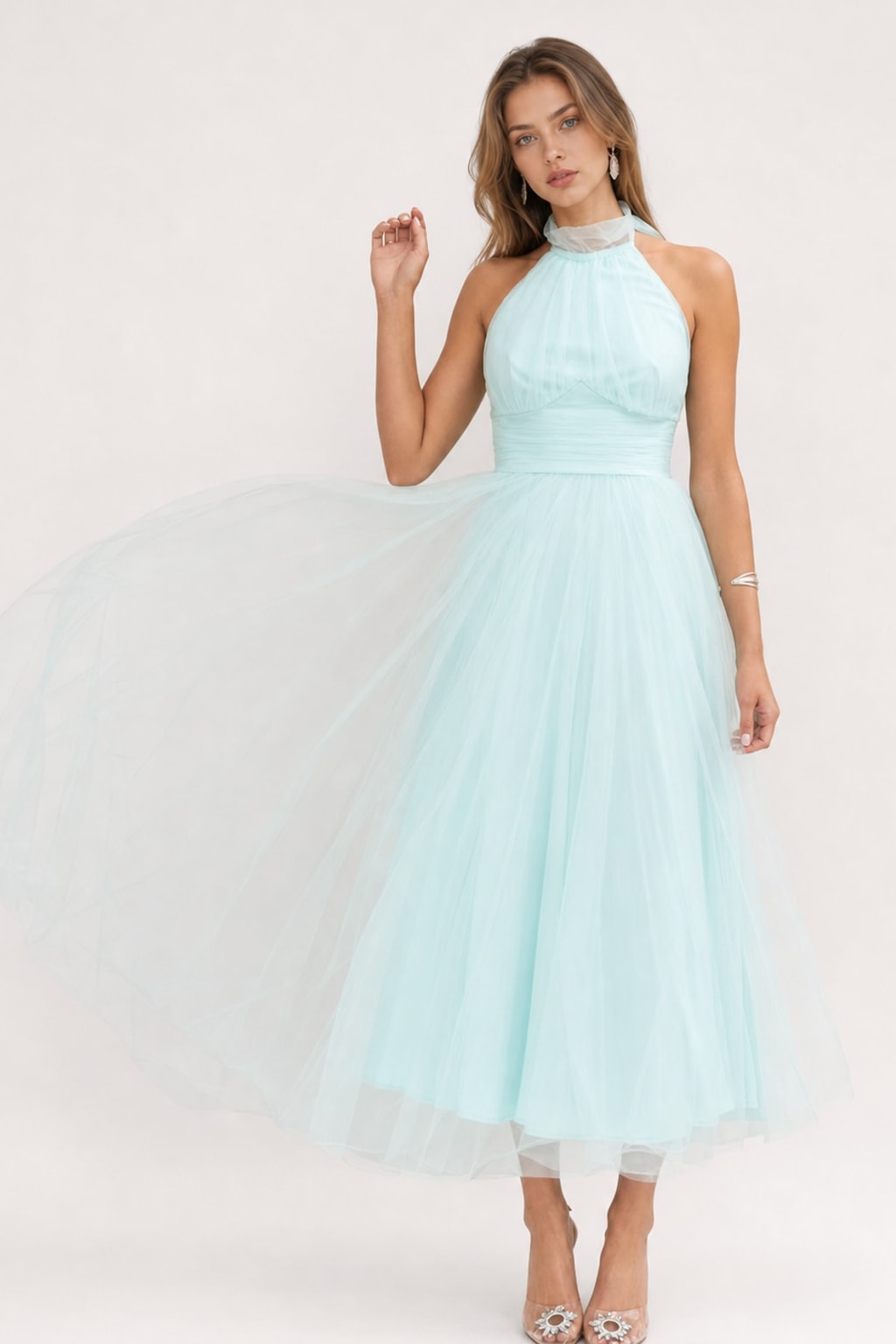 Tulle Halter Maxi Dress With Gathered Detail - 6