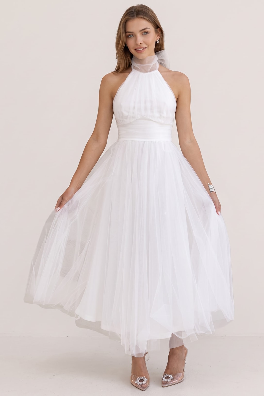 Tulle Halter Maxi Dress With Gathered Detail - 7