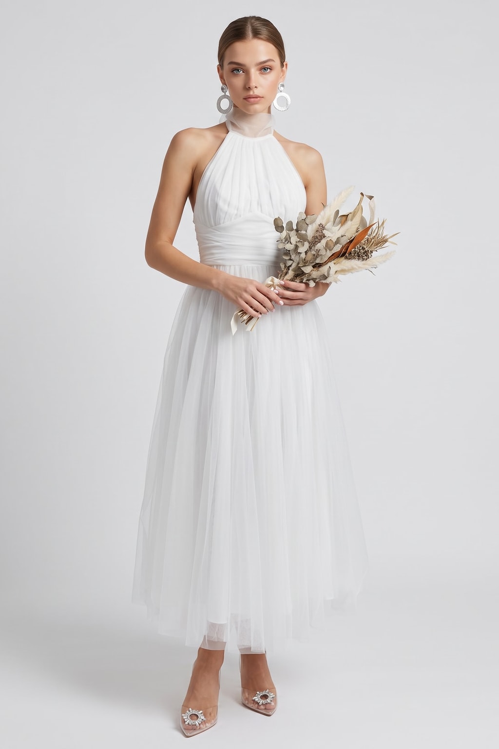 Tulle Halter Maxi Dress With Gathered Detail - 8