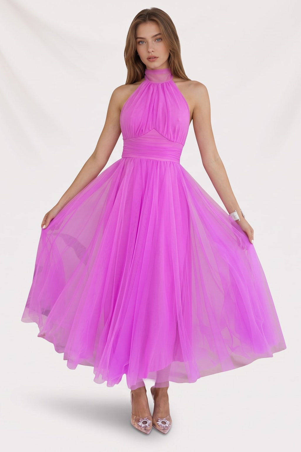 Tulle Halter Maxi Dress With Gathered Detail - 9