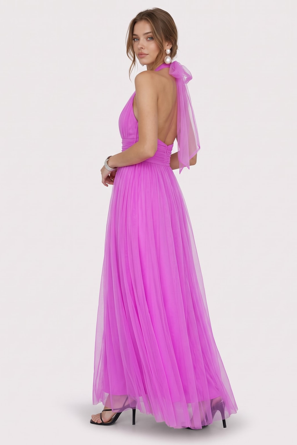 Tulle Halter Maxi Dress With Gathered Detail - 10