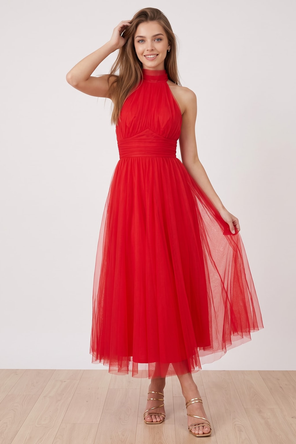 Tulle Halter Maxi Dress With Gathered Detail - 11