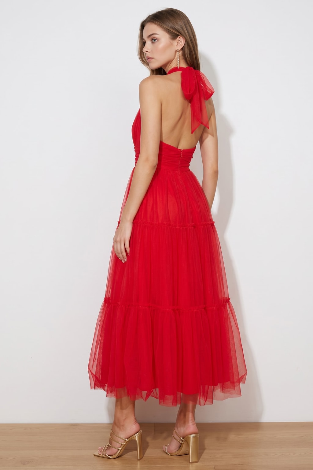 Tulle Halter Maxi Dress With Gathered Detail - 12