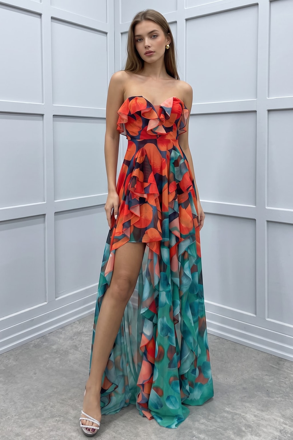 Polyester Maxi Dress With Tiered Ruffle Slit - 5