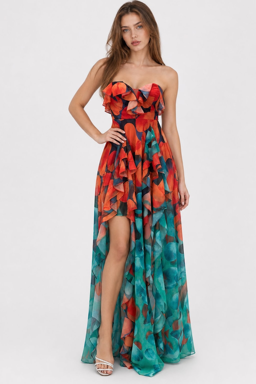 Polyester Maxi Dress With Tiered Ruffle Slit - 2